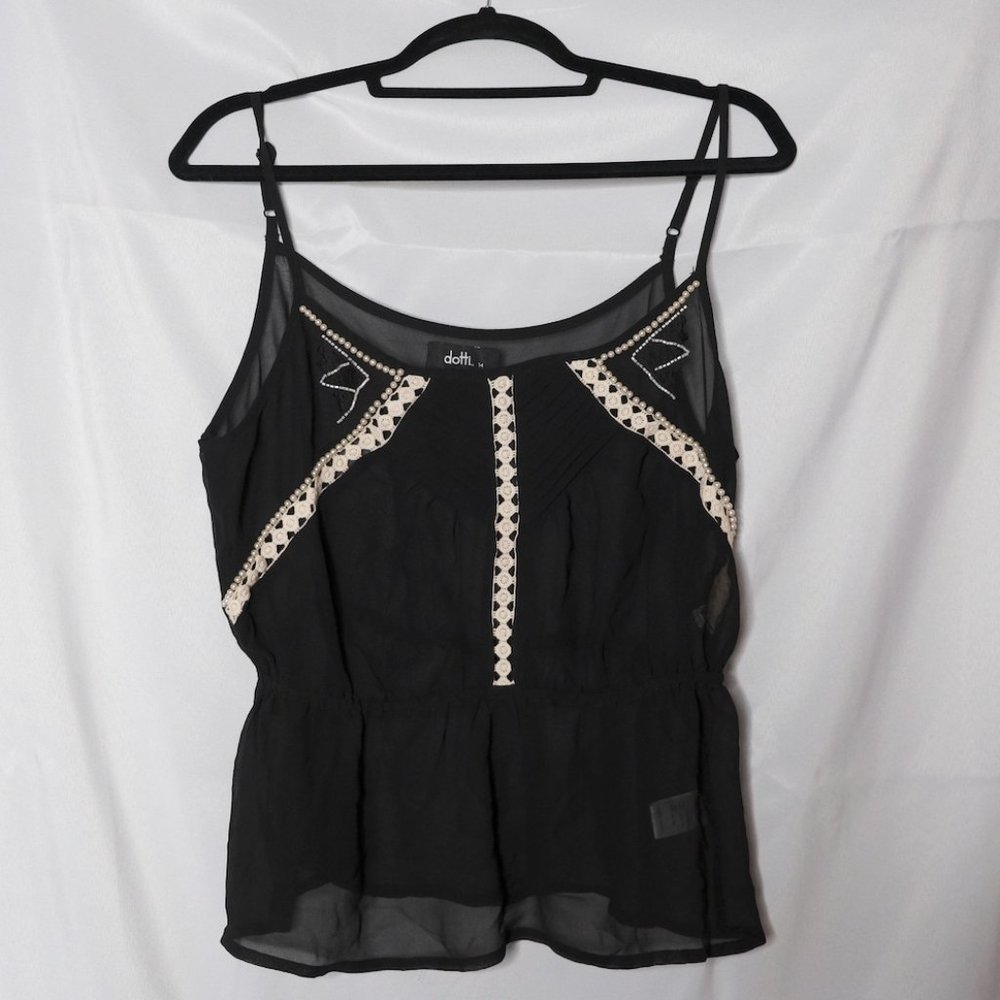 Dotti Sheer Black Spaghetti Strap Blouse with Lace and Pearl Trimming
